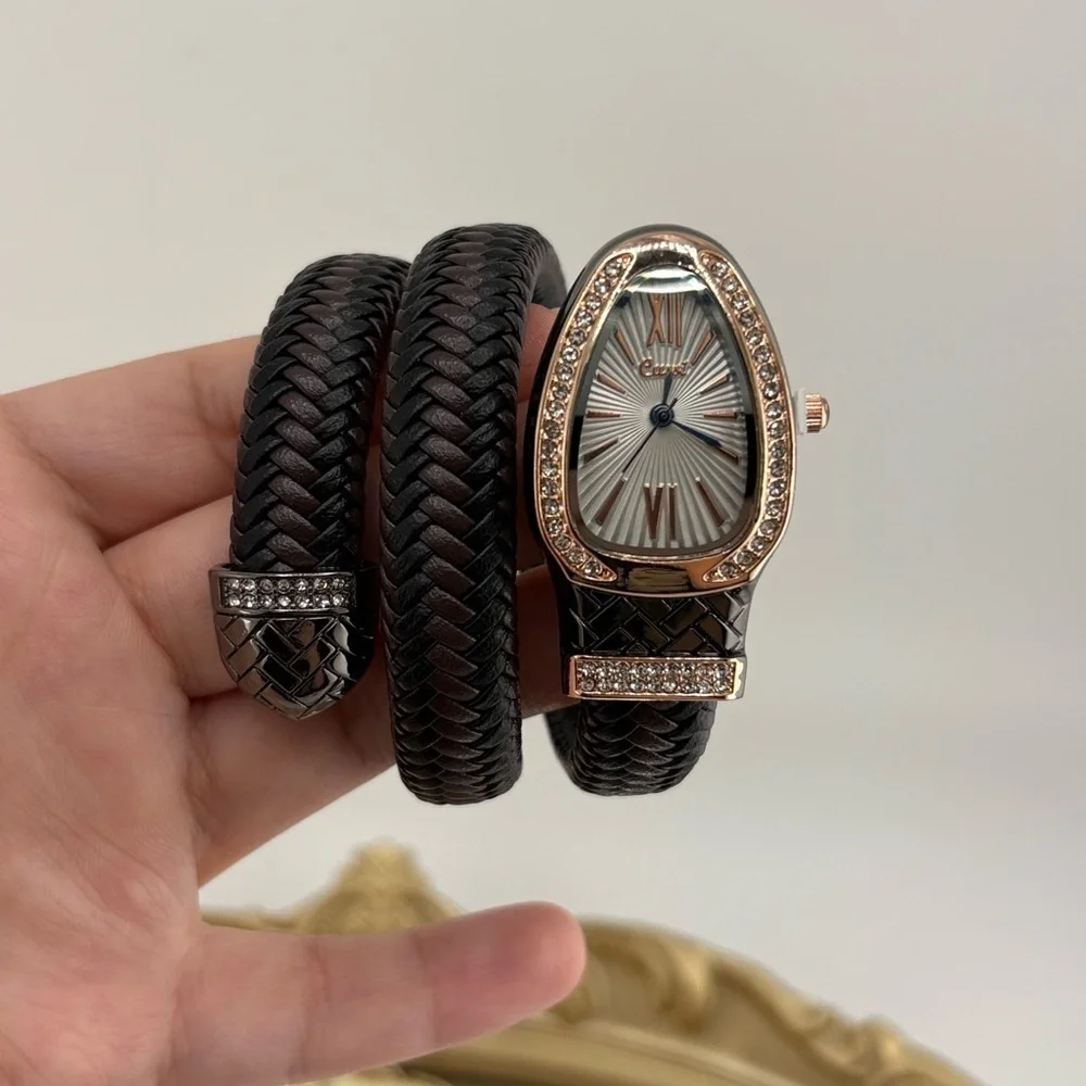 Serpenti Style Wrap Watch –Brown & Black Faux Leather Rose Gold Tone Silver Dial